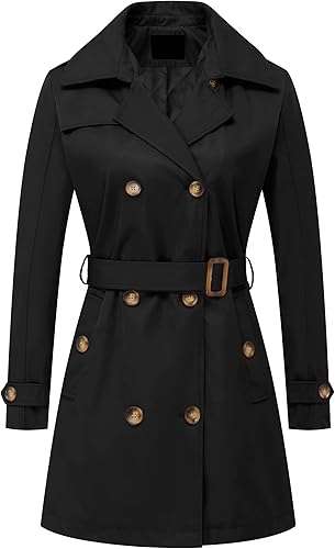 Chrisuno Women's Double Breasted Trench Coats Mid-Length Belted Overcoat Long Dress Jacket with Detachable Hood