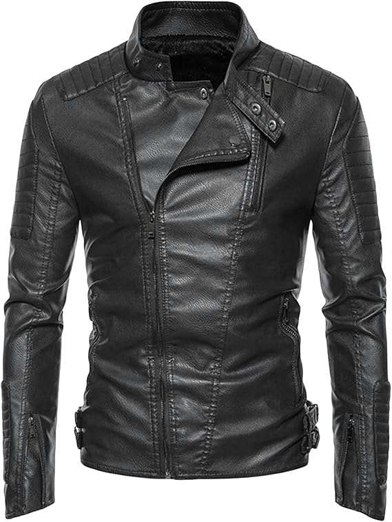 Men's Faux Leather Motorcycle Jacket Vintage Asymmetric Zip Biker Coat Lapel PU Leather Slim Fit Punk Jacket
